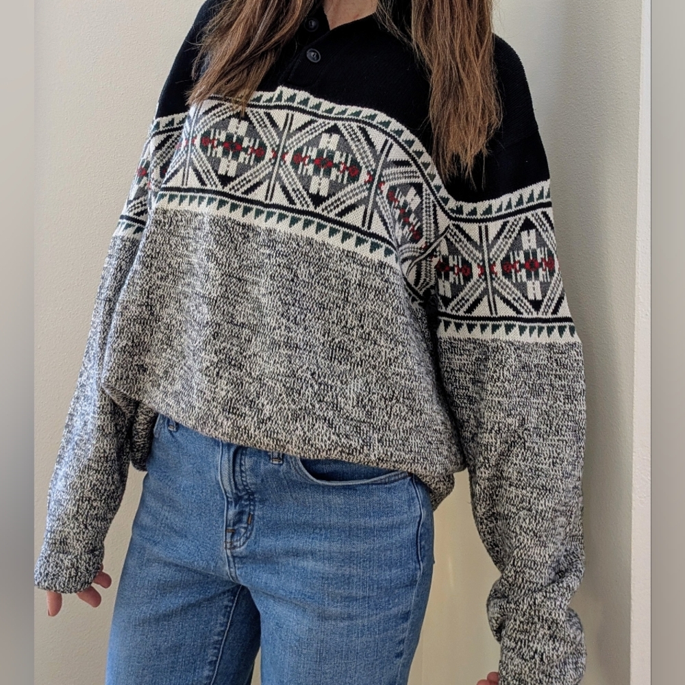 Vintage Abstract Geometric 1/4 Button Up Marled Henley Sweater In Black/Gray